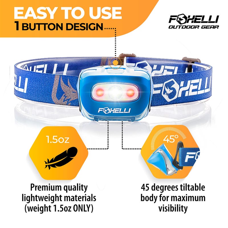 Foxelli LED Headlamp Flashlight for Adults & Kids, Running, Camping, Hiking Head Lamp with White & Red Light, Comfortable Headband, Lightweight & Waterproof, 3 AAA Batteries - Image 2